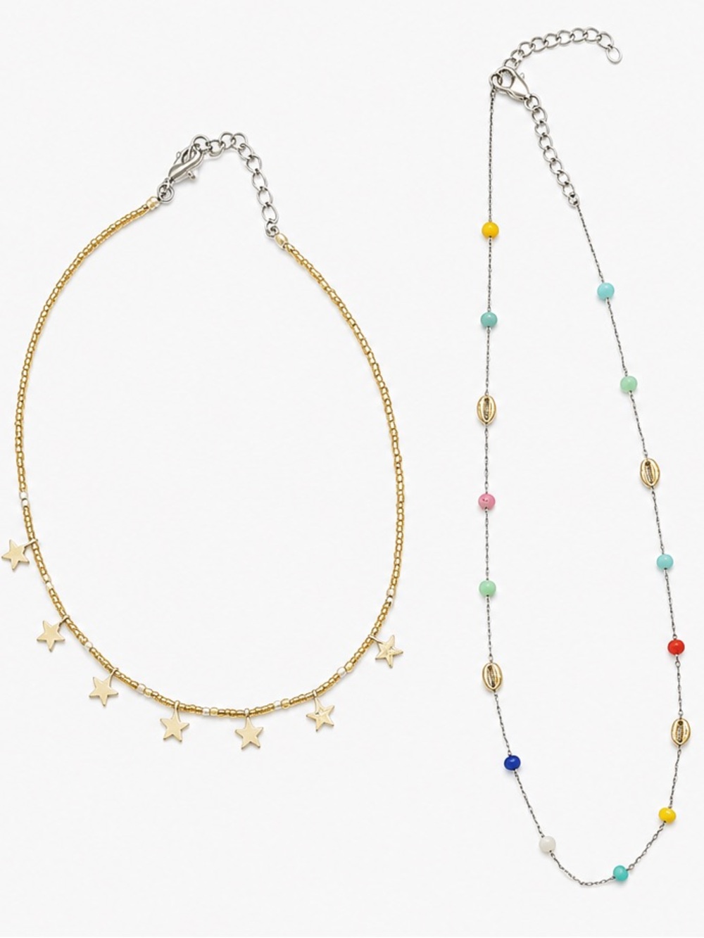 TWO Necklaces: Gold Star Charm Layered Necklace and Multicolor Shell Strand